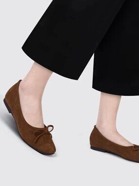 Women's Coffee Faux Suede Square Toe Slip On Cap Toe Bow Dressy Flat Shoes